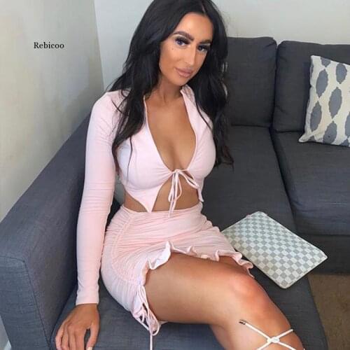 Pink Pleated Casual Two Piece Set Bow Top Short Skirt Autumn Tracksuit Women Set High Stretch 2 Piece Set Women