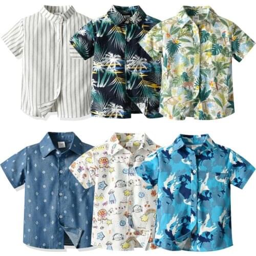 Baby Boys Short Sleeve Shirts Summer New Kids Cartoon Pure Cotton Thin Style Button Turn-down Collar Casual Beach Tops