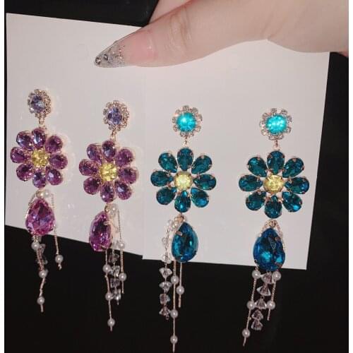 New Exaggerated Elegant Flower Crystal Long Pearl Tassel Drop Earrings For Women Girls Brincos Party Jewelry