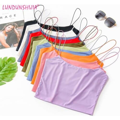 LUNDUNSHIJIA 2020 Summer Womens Double-layer Short Style Candy Colors Camisole Top Ladies Sexy Elasticity Tank Top 10 Colors