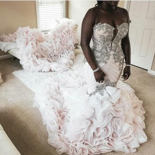 African Plus Size Mermaid Wedding Dresses Beads Appliqued Tiered Skirts Trumpet Bridal Gowns Beach Vintage Custom Made