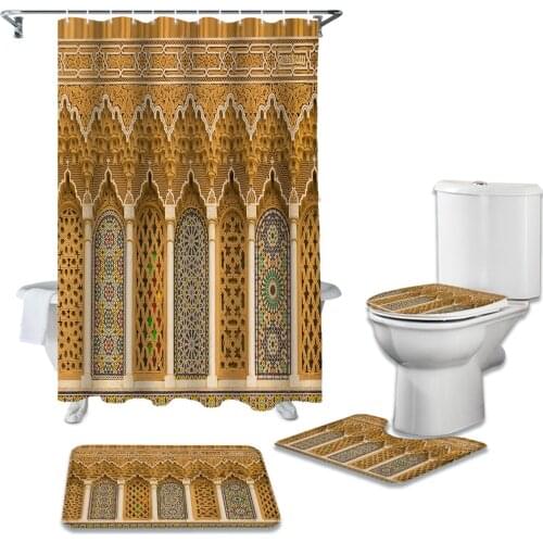 Arab Mosque Shower Curtains Bathroom Curtain Bath Sets Toilet Cover Mat Non-Slip Washroom Rug Set