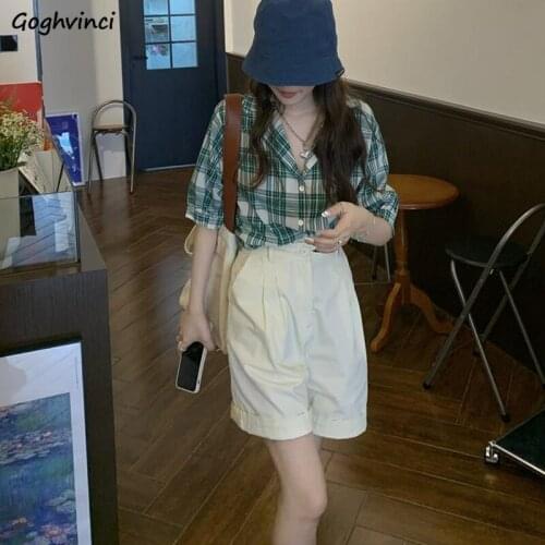 Women Sets Short Sleeve Plaid Vintage Turn-down Collar Tops High Waist Solid Zipper Simple Shorts All-match Retro Preppy Style