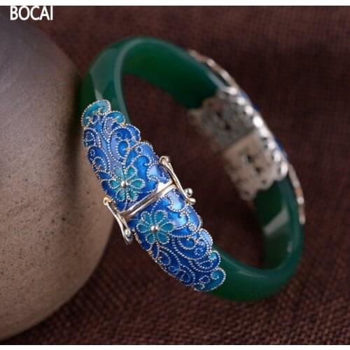 BOCAI New Solid 100% S925 silver jewelry ethnic style burnt blue Woman bracelet cloisonne agate bracelet