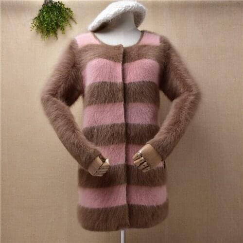 Female women winter thick warm hairy plush mink cashmere knitted striped slim cardigans angora fur jacket coat sweater pull
