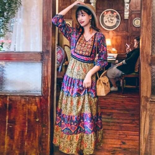 2020 summer womenswear Bohemian print tourism beach long style dress Thailand national style retro Nepal embroidered dress