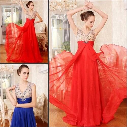 Free shipping 2018 luxury crystal vestidos backless formal party prom gown red blue long chiffon Graduation bridesmaid dresses