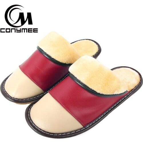 CONYMEE Winter Slippers 2018 Luxury Women Leather Shoes Indoor Plush Warm Home Slipper Pantufas Lady Cotton Terlik Soft Slipper