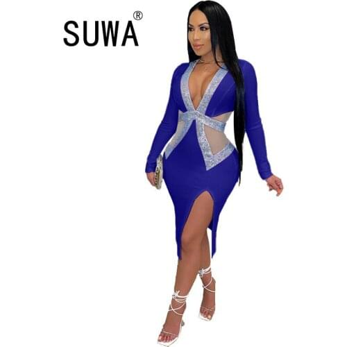 Sheer Mesh Rhinestones 2020 Fashion Sexy Dress Autumn Clothes for Women Deep V Neck Side High Split Midi Dresses Club Partywear