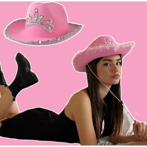 2021 Pink Feather Cowboy Cowgirl Hat Western Tiara Hat for Women Girl Tiara Cowgirl Hat Cowboy Cap Wide Brim Costume Party Hats