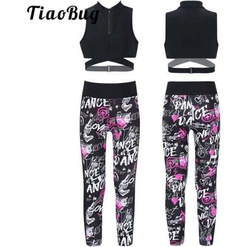 Kids Girls Dance Set Gymnastics Ballet Dancewear Workout Sport Outfit Zipper Tanks Crop Top with Leggings