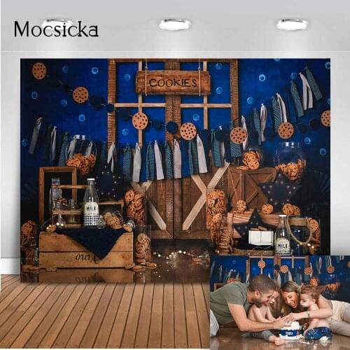 Milk Cookies Photo Background Blue Cake Smash Backdrops Children kids 1st Birthday Party Photocall children Portrait Backdrops