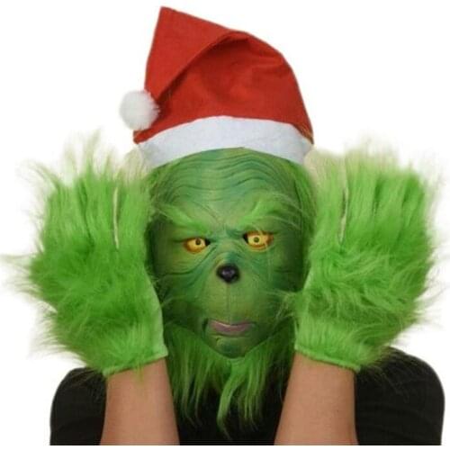 Grinch Costume Latex Masks Funny Carnival Masks For Purim Party Grinch Helmet With Gloves