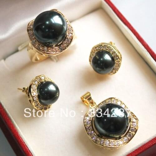 New Listed! Black South Sea Shell Pearl Ring Pendant Earring Jewelry Set