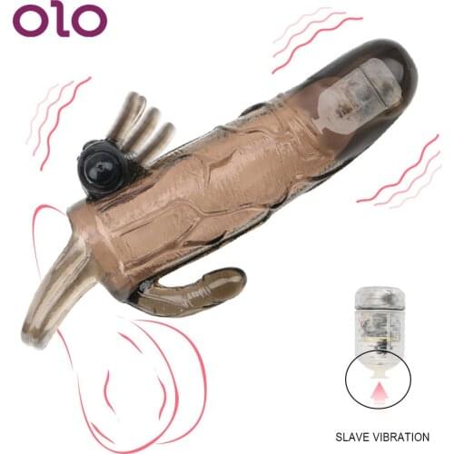 OLO Reusable Penis Extender Delayed Ejaculation Cock Enlargement Double Vibrator Penis Sleeve Condom For Men Adult Sex Toys Man
