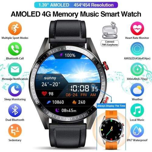 AMOLED display smart watch 454*454 smart watch Always display the time bluetooth call music smartwatch for men TWS earphones
