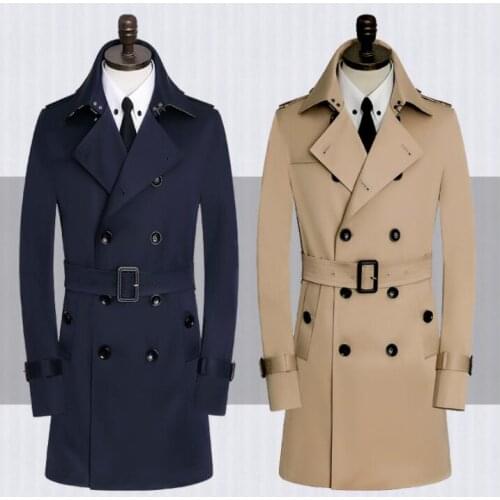 2020 spring autumn new designer mens trench coats man belt coat men clothes slim fit overcoat long sleeve blue khaki plus size