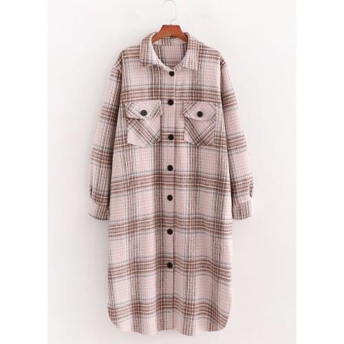 2021 Spring Women Vintage Lapel Oversize Pocket Long Jacket Coat Fashion Slim Warm Plaid Thick Jacket Famale Outerwear CHIC tOP