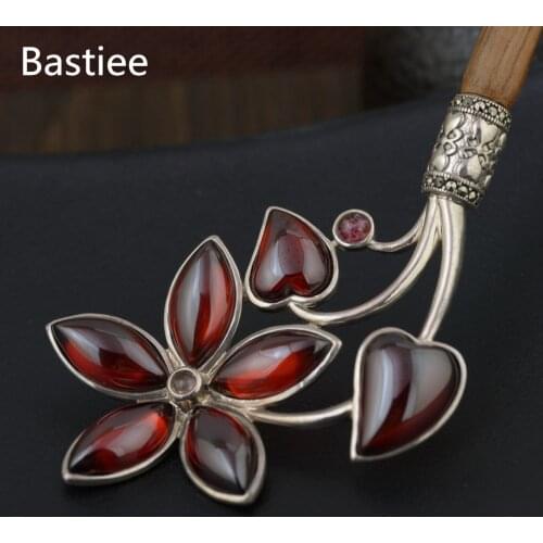 Bastiee 925 Sterling Silver Hair Stick Luxury Chinese Wedding Jewelry Hairpins Women Accessories Red Synthetic Crystal