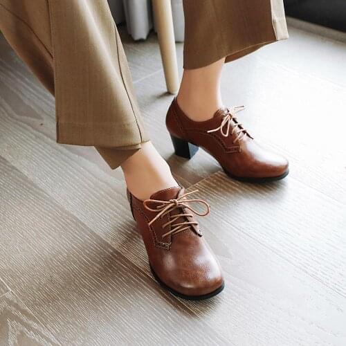 Plus Size 34-43 Spring Autumn Women Shallow Brogue Shoes Chunky Heel Cut Out Oxford Shoes Ladies Lace Up Female Fashion Footwear