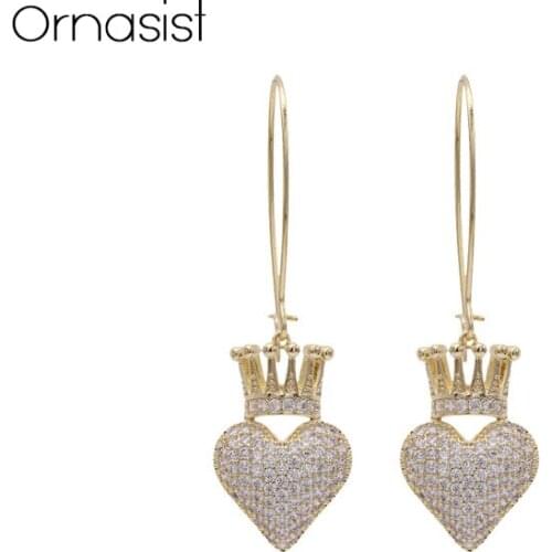 Sweet Heart Crown Dangle Earring For Women Girls 2019 New AAA Zircon Long Drop Earrings