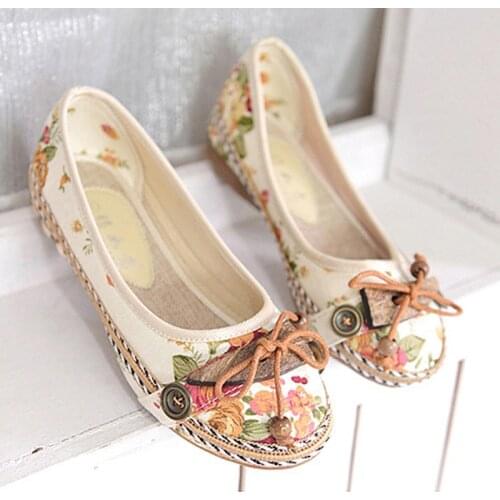 Vintage Enthic Floral Women Flats Moccasins Lace Up Bow Tie Slip On Loafers Shoes Woman Spring Summer Flat Shoes Zapatos Mujer
