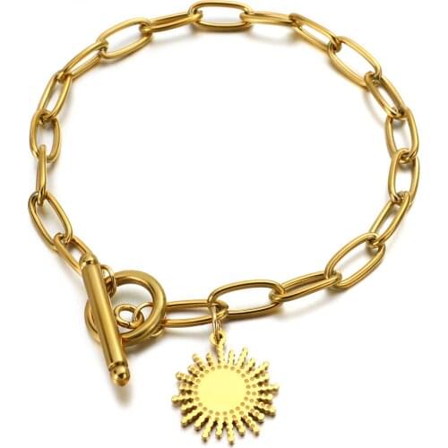 Flashbuy New Gold Color Charm Bracelet Jewelry Metal Simple Stainless Steel Thick Chain Geometric Bracelets for Women Pulseira