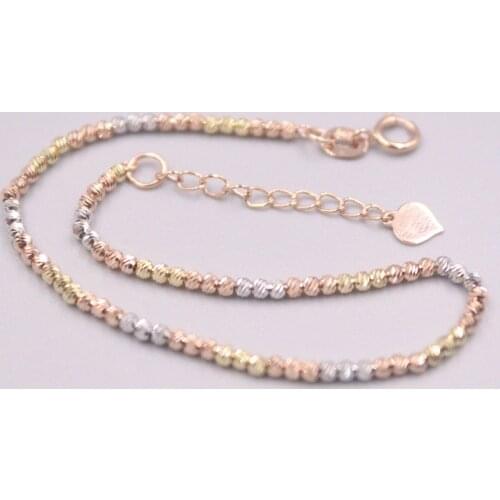 Au750 Real 18K Multi-tone Gold Bracelet For Women Lovely Carved Beads 2mm Link Bracelet 16.5+2cmL Gift