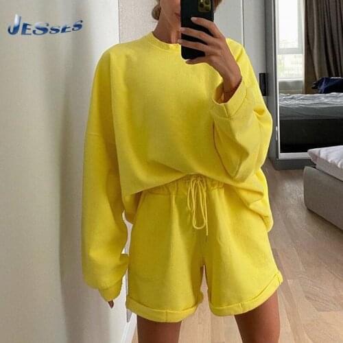 Ladies Tracksuit Autumn Long Sleeve Crew Neck Sweatshirt + Drawstring Short Two-piece Loose Casual Suit Woman Sports Solid Suits