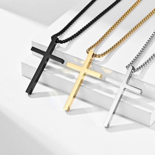 Small Middle Large 3 size Men Cross Pendant Christian Necklace Chain Black Silver Gold Color Stainless Steel Fashion Jewelry