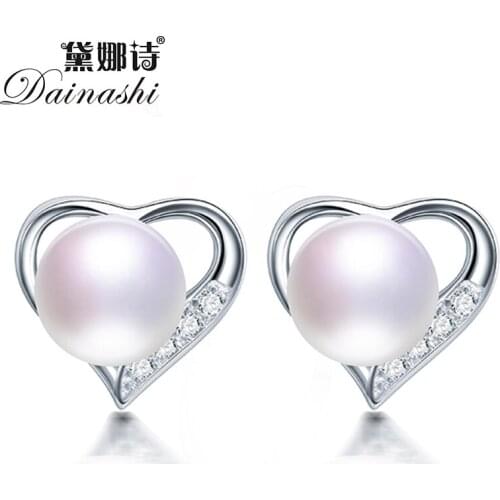 Dainashi 100% Genuine Natural Freshwater Pearl Stud Earrings for Women High Quality 925 Sterling Silver Heart Zircon Earrings