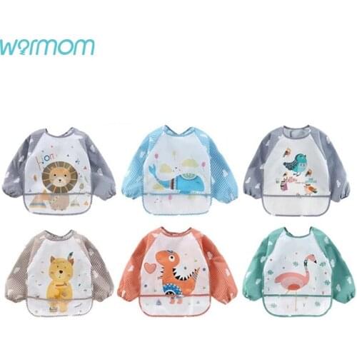 Warmom Baby Kids Toddler Long Sleeve Waterproof Eating Smock Feeding Bib Apron Pocket Baby Bandana Bibs Baby Self Feeding Bib