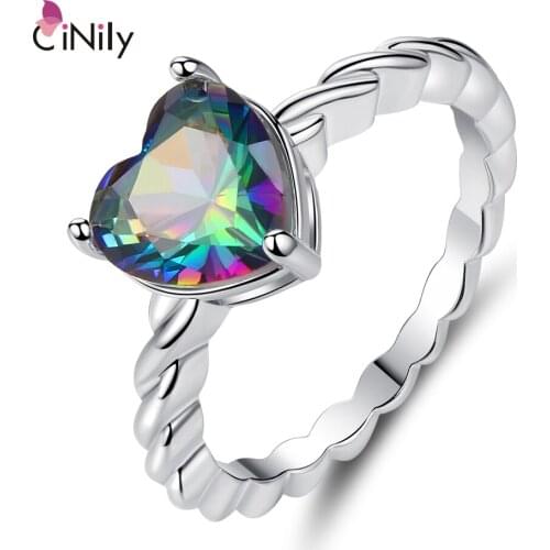 Women Rings Heart Rainbow Stone Silver Plated Wedding rings CINILY Original Party Ring Valentines Day Gift Size 6-9 NJ91