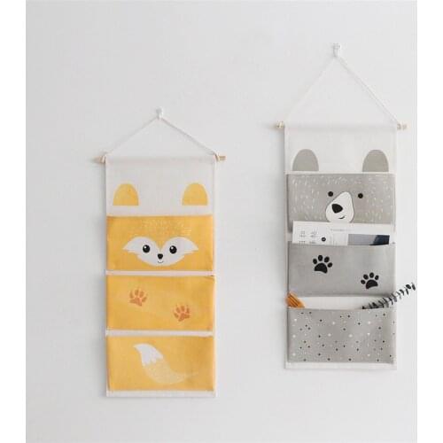 INS Nordic Cartoon Animals Wall Hanging Storage Bags With 3 Pockets Wardrobe Closet Cosmetics Sundries Organizer Pouch Hang Bag