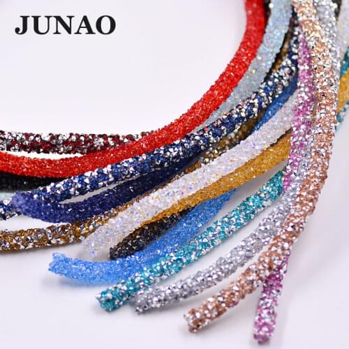 JUNAO 1Meter Transparent AB Crystal Tape Resin Rhinestones Ribbon Belt Stones Crystal Wristband Accessory Strass Pipe for Crafts