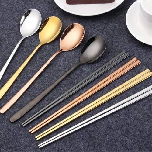 1 Set Korean Cuisine Spoon And Chopsticks Tableware Stainless Steel Creative Mirror Polished Titanium Round Solid Cutlery Sets