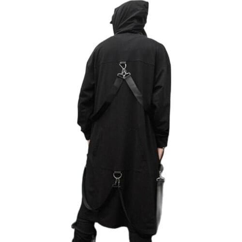 New 2021 men ribbons patchwork punk hip hop long trench coat hooded cloak men black hip hop zipper long jacket