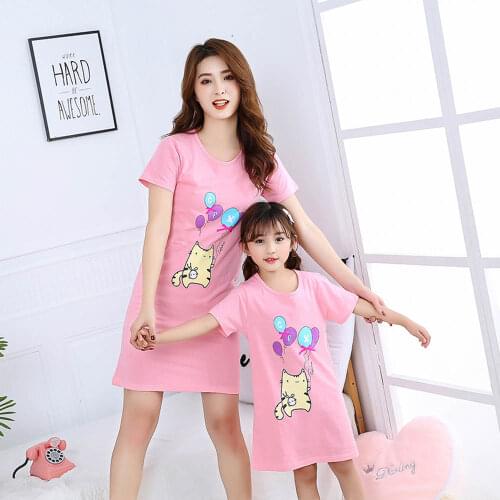 Mother Daughter Clothes Summer Cotton Nightgown for Girls Women Nightdress Pink Cat Kids Pajamas Home Dress Mom Baby Family Look