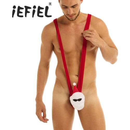 Sexy Male Mens One-piece Soft Velvet Christmas Mankini Costume Sleeveless Deep V-shaped Mankini Thong Underwear Lingerie Romper