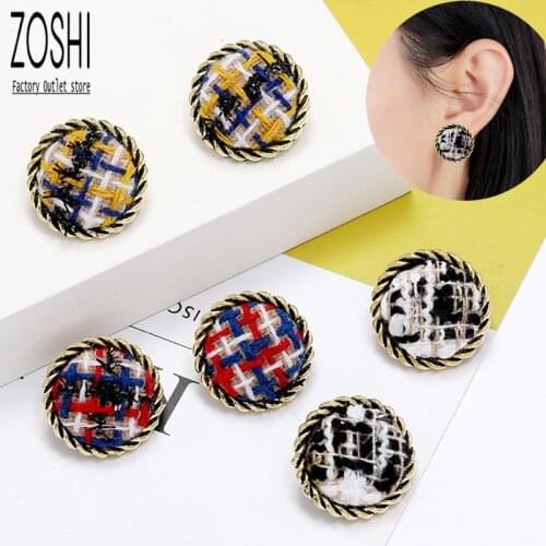 Autumn Winter Retro Plaid Button Round Stud Earrings for Women Girl Fashion Jewelry Accessories Leopard Geometric Earrings Cloth