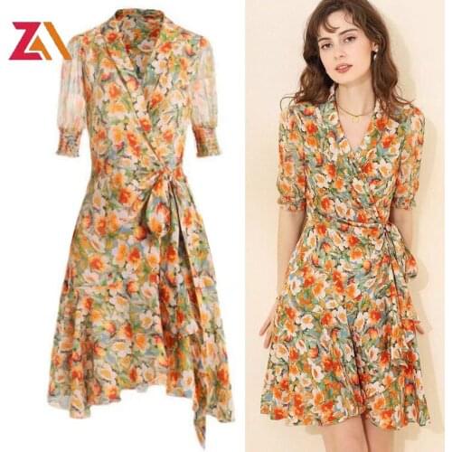 ZALady Designer Runway Fashion Party Mini Dress With Floral Pattern Summer Elegant Tie Bow V-neck Chic Traf Dresses Women Robes