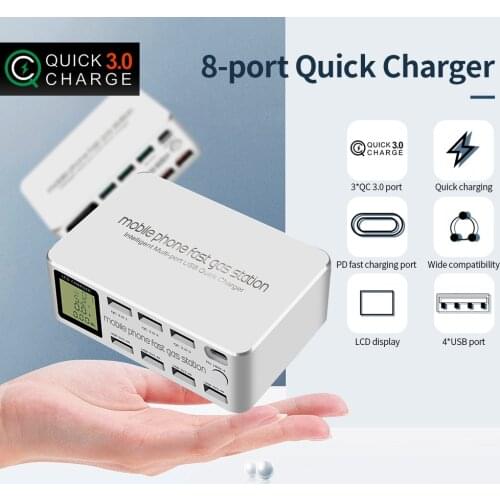 Multi-port USB Charger 8-port Charging Station USB QC 3.0 Quick Charger with LCD Display for Mobile Phone Tablet US/EU Plug