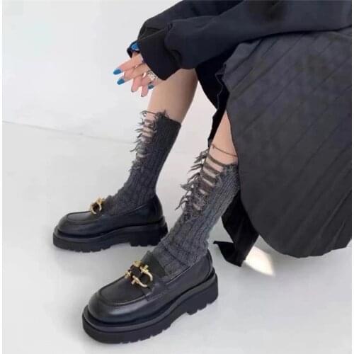 Women Ripped Stockings Pierced Summer Spring Fashion Ins Knitted Cool Retro Girls Comfortable Black Gray Blue
