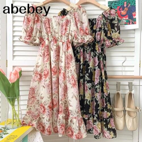 2021 New Summer Temperament All-match square collar puff sleeve Dress waist slim ruffles print Dress