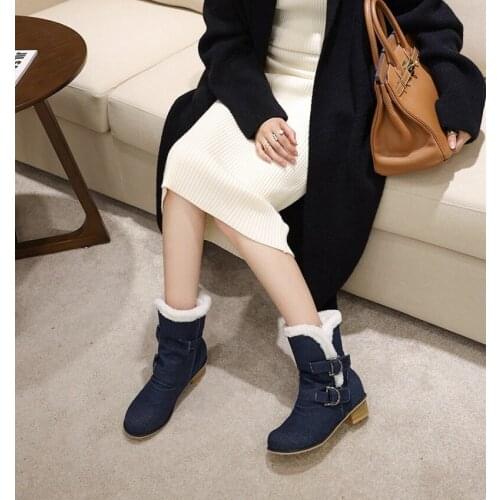Winter Warm Buckle Ladies Ankle Booties New Women Denim Boots Round Toe Med Heel Comfortable Solid Motorcycle Boots Casual Botas