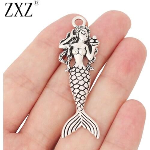 ZXZ 5pcs Tibetan Silver Large Mermaid Charms Pendants for Necklace Jewelry Making Findings 62x20mm
