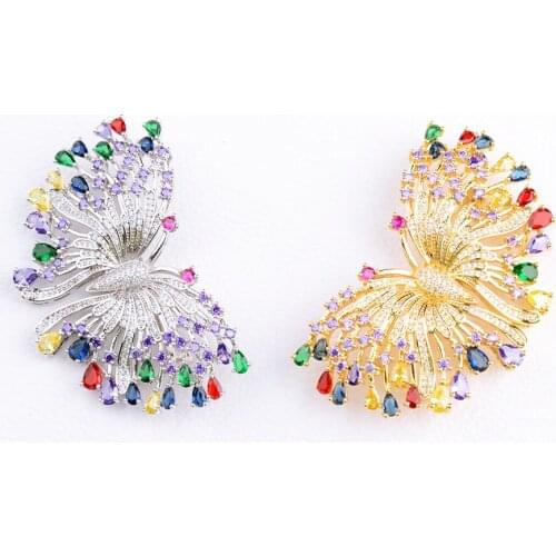 1pc 60x38mm golden plated multi color Cz micro butterfly brooch