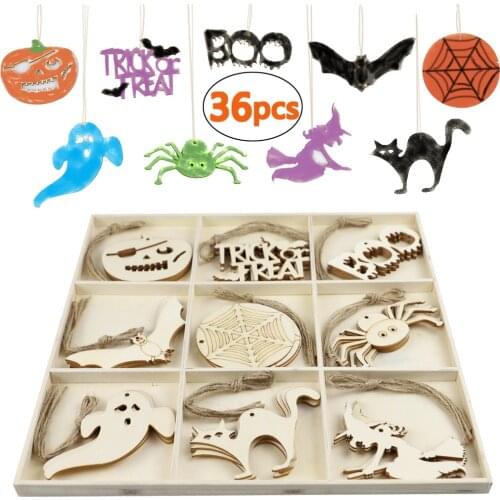 10pcs Unfinished Halloween Wooden Hanging Ornaments Blank Wood Cutouts Embellishment Hanging Slices for Kid Crafts, DIY Supplies