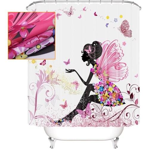 Amagical Flower Fairy Girl with Butterfly Bathroom Curtain Shower Curtain Bath Cloth Waterproof Bathroom Curtain with 12 Hooks