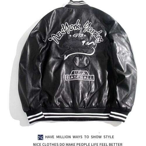 MLBNY Autumn and Winter PU Leather Embroidery Motorcycle Womens Baseball Bomber Award Jacket Unisex Varsity Coat Street Vintage